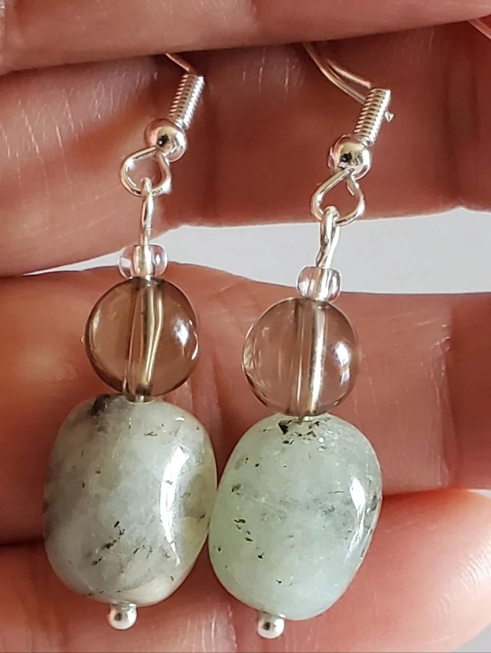 NEW Natural Jadeite & Smoky Quarts Gemstone Drop Earrings - Picture 4 of 5